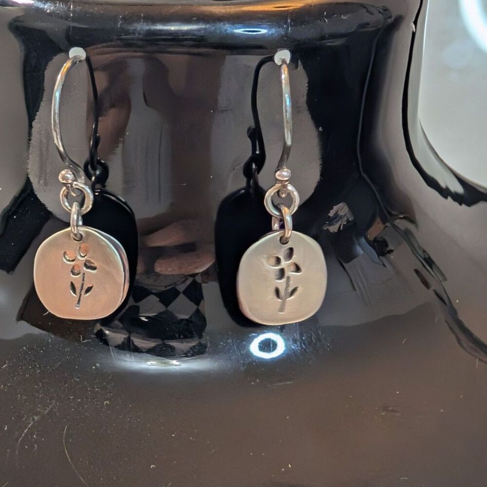 Designer Baroni Signed Sterling Silver Flower Cutout Drop Earrings